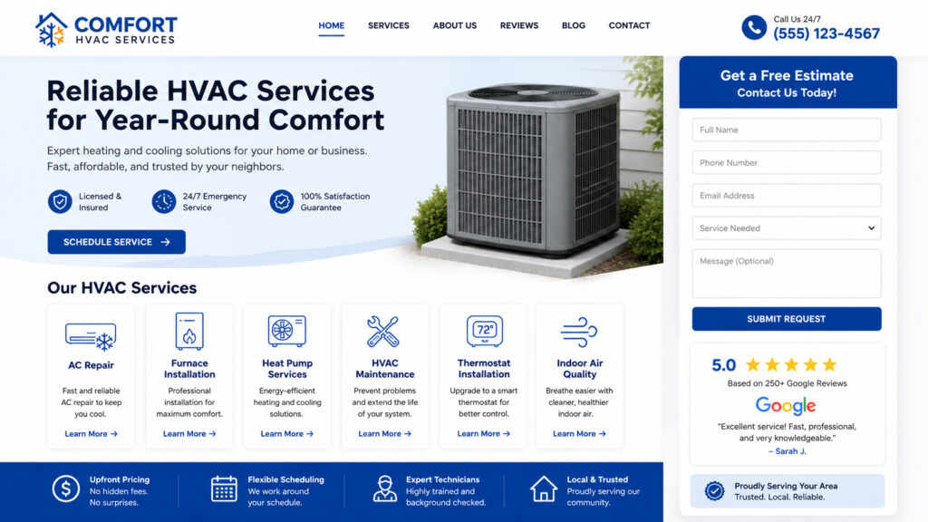 HVAC service page website layout mockup showing